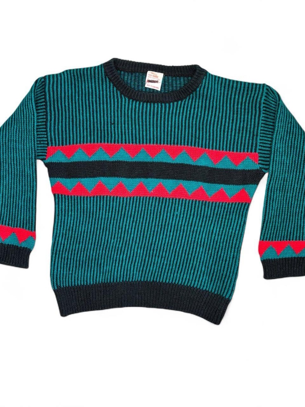 Vintage Hanna Boys SZ (S) Teal Red Abstract Geometrical Crewneck Sweater
